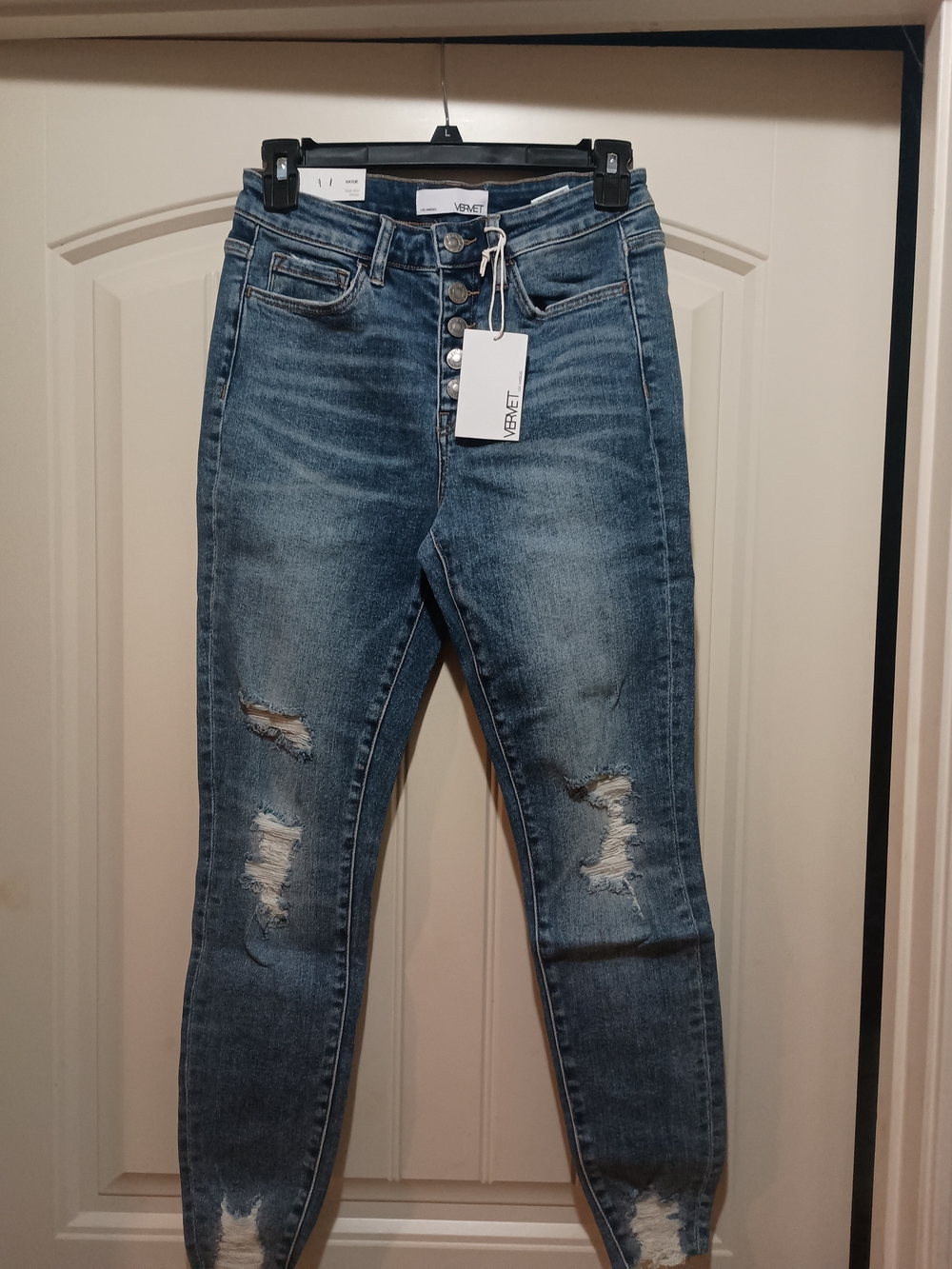 Vervet High-Rise Button-Fly Distressed Jeans - Blue